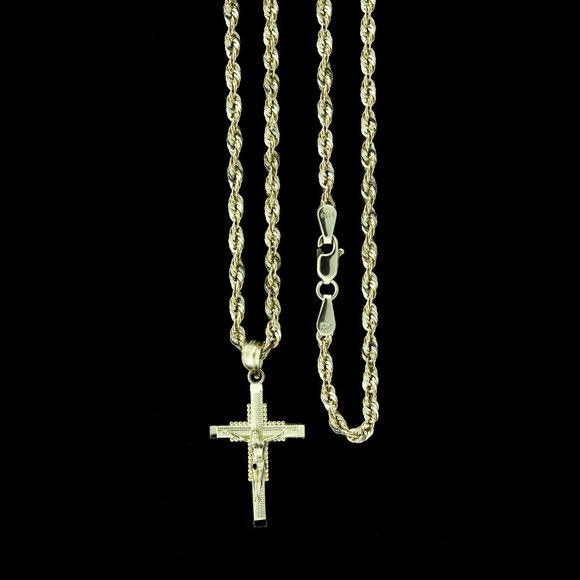10K Real Gold Rope Chain and Cross Pendant Set - Picture 1 of 7